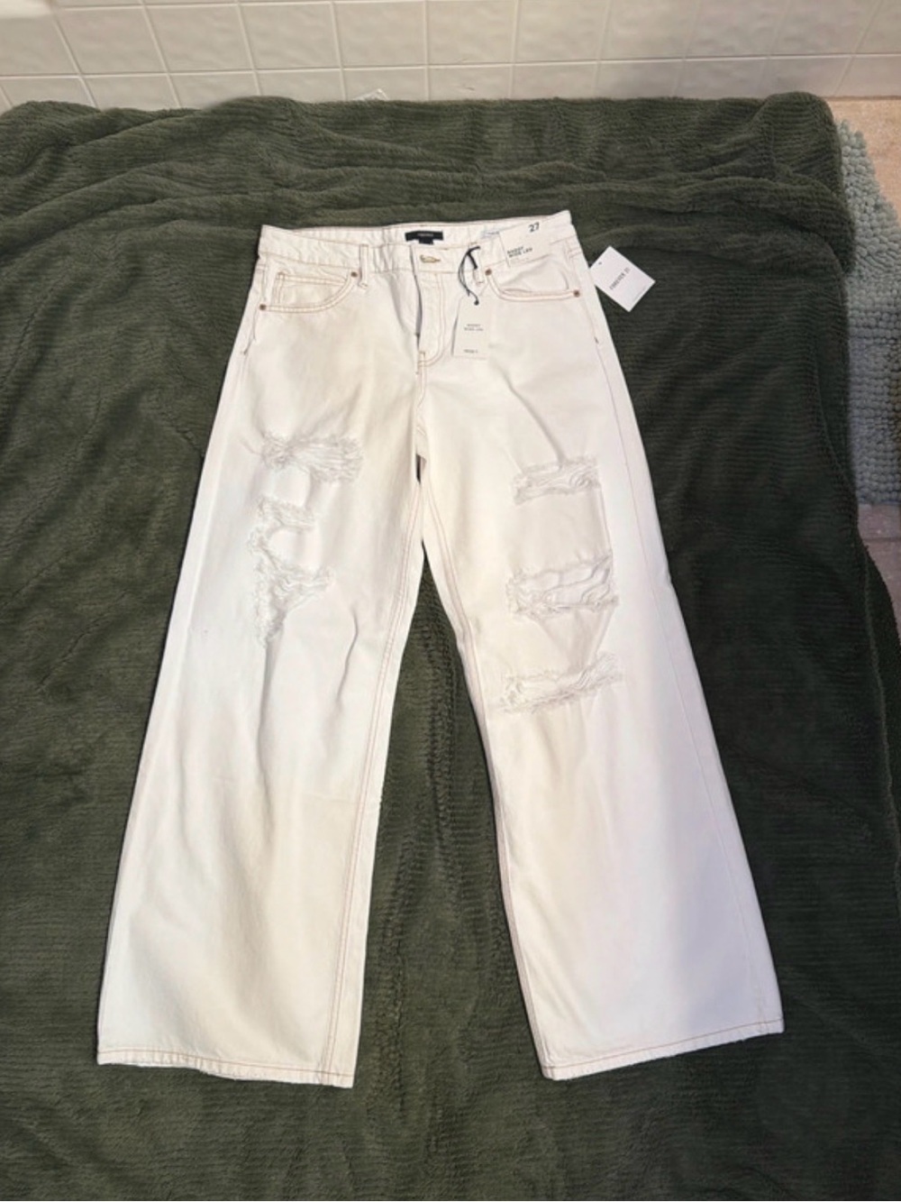 Forever 21 White Distressed Wide-Leg Jeans